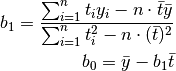 b_1 = \frac{\sum_{i=1}^n t_iy_i - n \cdot \bar t \bar y}{\sum_{i=1}^n t_i^2- n \cdot (\bar t)^2}

b_0 = \bar y - b_1 \bar t